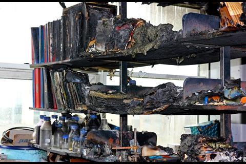 A picture showing melted shelves and books 